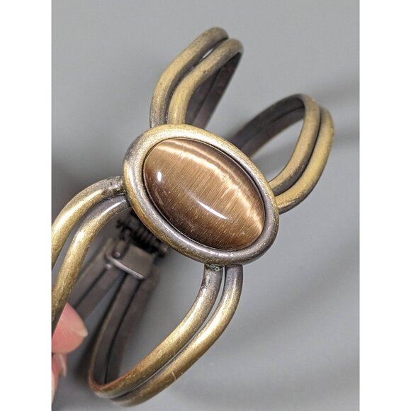 Beachy Coastal Bronze Tone Brown Cats Eye Oval Glass Cabochon Hinge Bracelet 7" - Picture 3 of 8